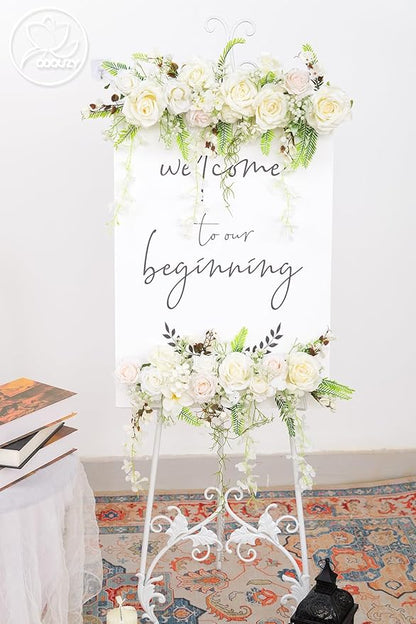 Pack of 2 Wedding Arch Decorations Artificial Hanging Flowers Floral Swag for Wedding Welcome Sign Backdrop Balloon Arch Home Party Bridal Ceremony Reusable(White Rattan)
