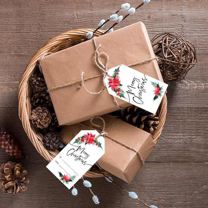 Andaz Press Christmas Holiday Season Classic Gift Tags, Merry Christmas to from Classic Favor Tags, Poinsettia Design, for Holiday Events, Parties, and Favors, 60-Pack