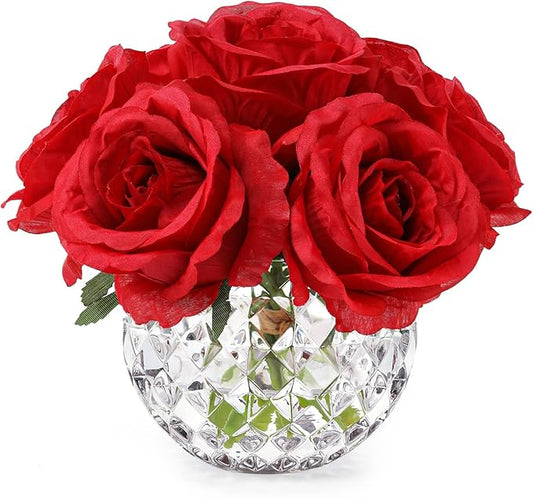 7 Large Stem Rose Red Artificial Flowers in Vase, Silk Flowers Arrangement in Round Glass Vase Without Water for Home Decor, Wedding Table (Red)