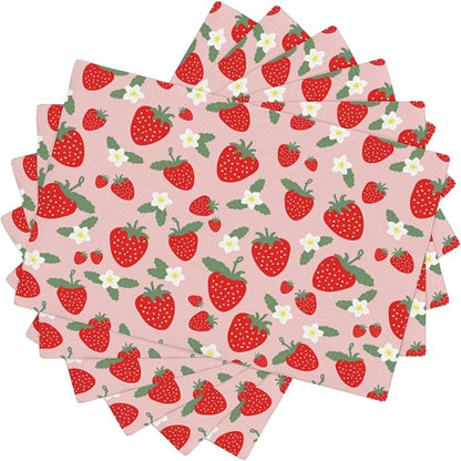 Fruit Linen Placemats Set of 6 Pink Strawberry Placemats for Indoor Outdoor Party Home Desktop Kitchen Dining Room Decor 12x18 Inch