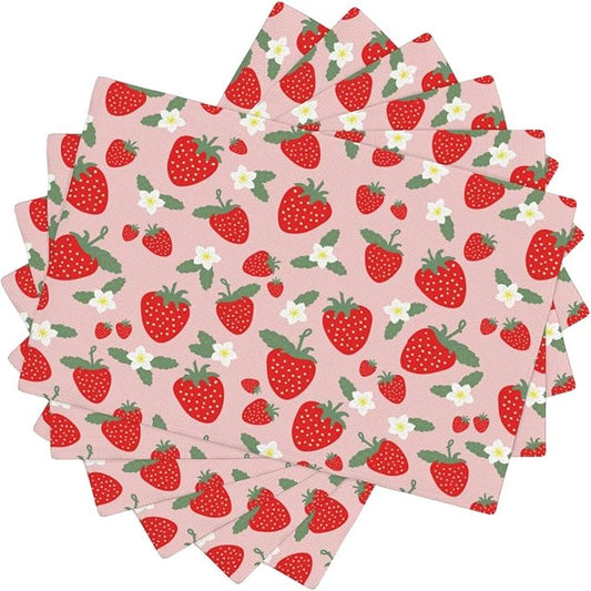 Fruit Linen Placemats Set of 6 Pink Strawberry Placemats for Indoor Outdoor Party Home Desktop Kitchen Dining Room Decor 12x18 Inch
