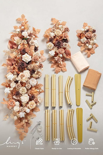 Ling's moment Wedding Arch Backdrop Stand with Flowers - 7.2FT, 6FT Set of 2 Metal Arch Frame with Drapes for Ceremony Decorations - Artificial Floral for Birthday Party, Baby Shower, Rust Boho