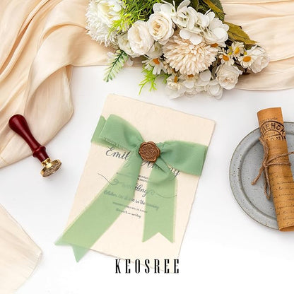 3 Rolls Cream White & Sage Green Handmade Chiffon Ribbon,1.5" x 21Yd Frayed Fringe Silk Ribbons (3 Rolls *7Yd) for Gifts Wrapping, Wedding Invitations, Bridal Bouquets, Decorations