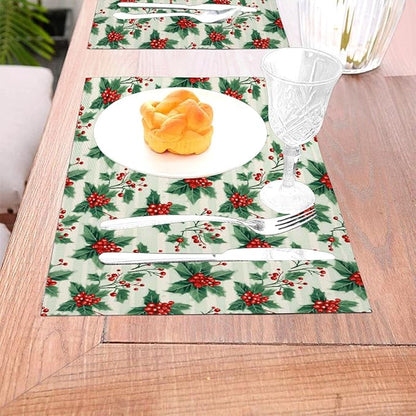 PVC Placemats Set of 1 Wipeable Table Mats Washable Heat Resistant Non Slip Vinyl Dining Table Mat for Kitchen Indoor Outdoor Patio Farmhouse Place Mats Christmas Red Berry Decorative