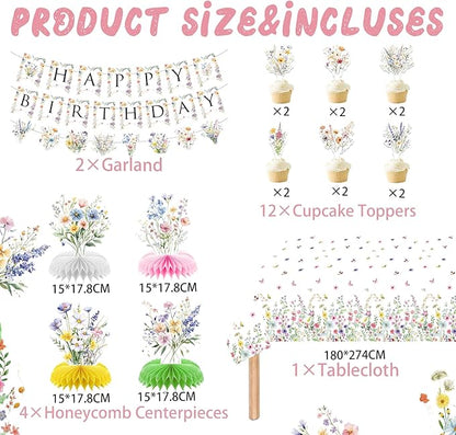 Wildflower Birthday Party Decorations for Girls Women, Banner Centerpieces Cupcake Toppers Tablecloth, Spring Floral Paper Plates Napkins Cups Forks Straws Supplies Serve 20