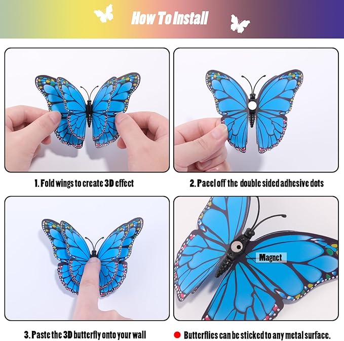 SAOROPEB 3D Butterfly Wall Decor, 24 Pcs Double Layer Butterfly Decorations for Party Decorations Locker Decor Refrigerator Decal, Reusable (Blue)