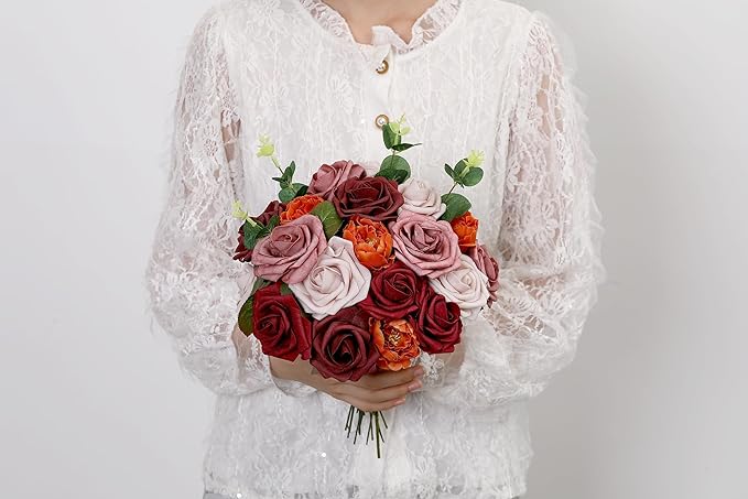 SITUMEIZI Roses Artificial Flowers Combo Burgundy Flowers Mix Silk Foam Flowers Peony with Stems for DIY Bridal Wedding Bouquet Baby Shower Party Home Decor Floral Arrangements 27pcs