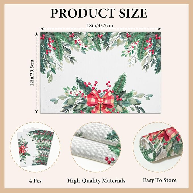 Red Berries Bow Christmas Placemats Set of 4, Dining Mat Cotton Linen Waterproof Table Mats Decor Fabric for Christmas Holiday Kitchen Dinner Table, Washable Wipeable Placemat -N038