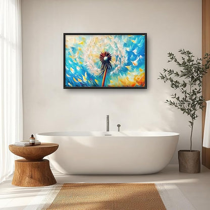 Extra Large Abstract Dandelion Framed Wall Art for Living Room,Oversized Colorful Dandelion Flower Pictures Wall Decor,Blue Canvas Print Painting Modern Artwork Bedroom Office Bathroom 36L x 24W