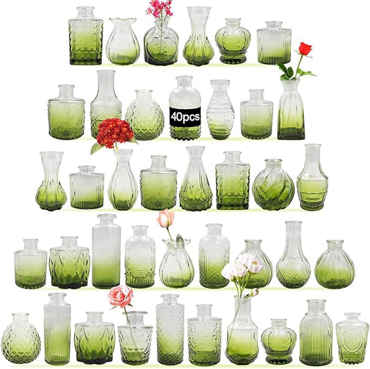 Glass Bud Vases Set of 40 PCS, Small Flower Vases for Wedding Centerpiece Table Decoration, Vintage Vase in Bulk for Flower Arrangements, Mini Vase for Birthday Party, Festival Home Decor,Green