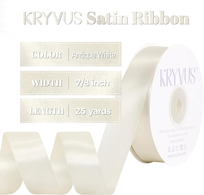 Antique White Satin Ribbon, Double Faced 7/8 Inch X 25 Yards Antique White Ribbon, Premium Satin Ribbon for Gift Wrapping, Crafts, Hair Bow Making, Sewing, Flower Bouquet, Wedding Party Decor