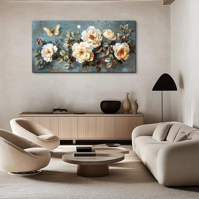 PHAOHUAXM Canvas Wall Decor For Bedroom Wall Art For Living Room Office Decor Abstract White Flower Wall Paintings Pictures Modern Artwork Posters Restaurant kitchen Home Decor Aesthetic 20"x40"