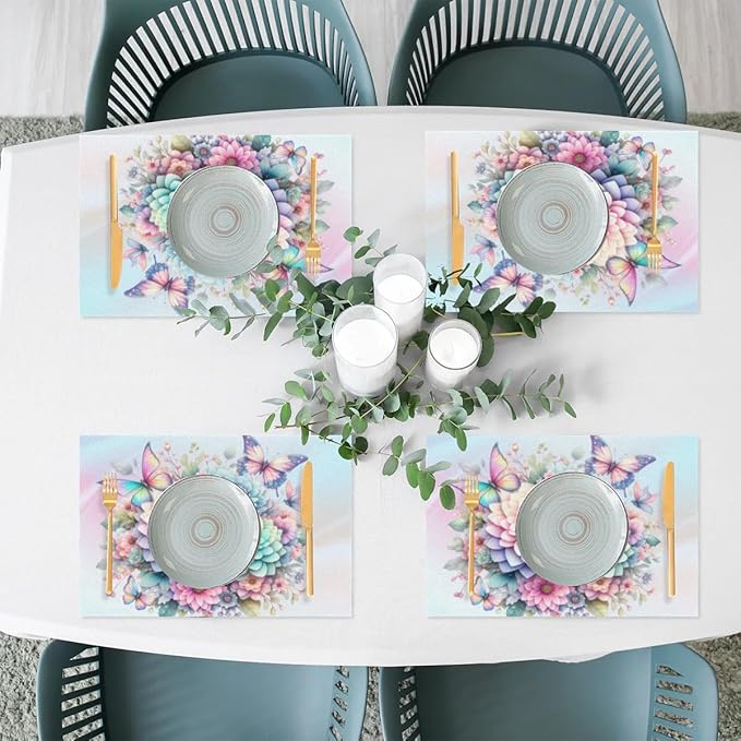 PVC Placemats Set of 4 Spring Flower Floral Wipeable Table Mats Washable Heat Resistant Non Slip Vinyl Dining Table Mat for Kithen Indoor Outdoor Patio Farmhouse Place Mats Decorative