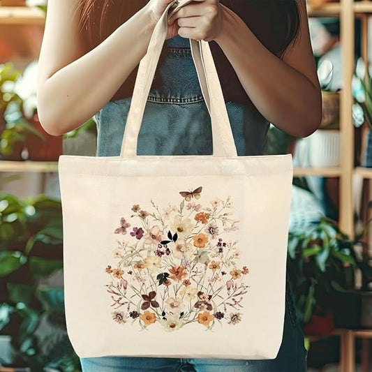 Aesthetic Floral Canvas Tote Bag for Women with Pocket, Tote Bags for Grocery Shopping Travel Christmas Birthday