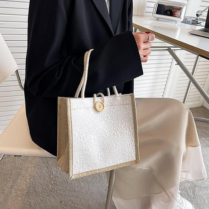 Women Tote Bag,2Pcs Jute Casual Tote's Handbag Embroidered Personalized Bento Bag,Reusable Grocery Bags Shopping Bags