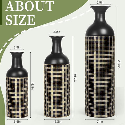 Tall Floor Vase Set of 3, Large Black Metal Vases with Minimalist Gold Lines & Detachable Vase Mouth, Big Modern Decorative Vases for Living Room,Hallway,Dining Room,Office,Kitchen.