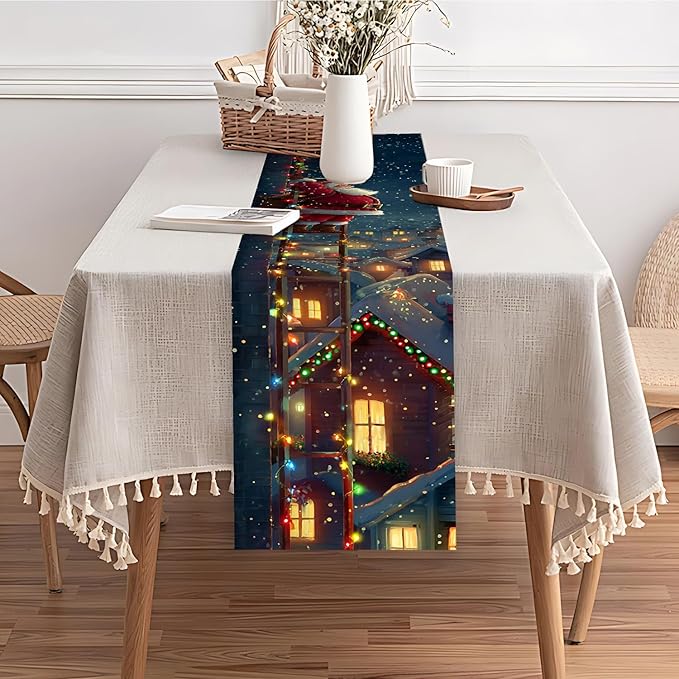 Christmas Table Runner– Festive Santa Claus Climbing Ladder Design with Holiday Lights & Snowy Village, Winter Table Decoration for Dining Table, Kitchen, Party & Home Décor