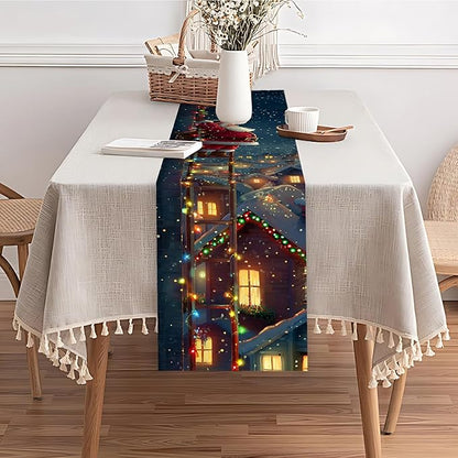 Christmas Table Runner– Festive Santa Claus Climbing Ladder Design with Holiday Lights & Snowy Village, Winter Table Decoration for Dining Table, Kitchen, Party & Home Décor