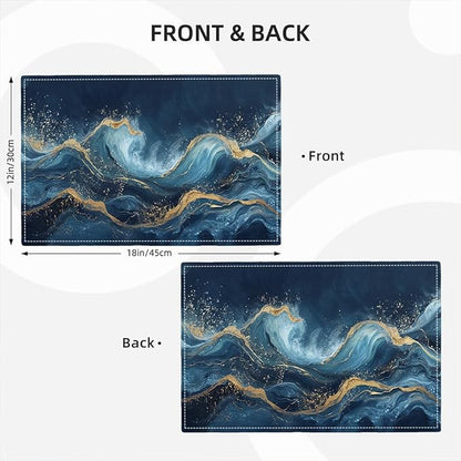 Abstract Blue Wave Placemats Set of 4, Sea Navy Double-Sided Table Mats for Kitchen Home Party Indoor Decor 4 PCS
