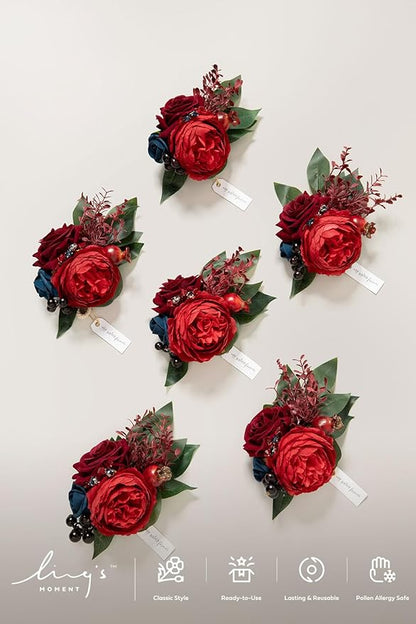 Ling's moment 6pcs Wedding Wrist Corsage Artificial Flowers, Girl/Mother Homecoming Prom Corsages Wristlet Décor, etc. Burgundy and Navy Blue
