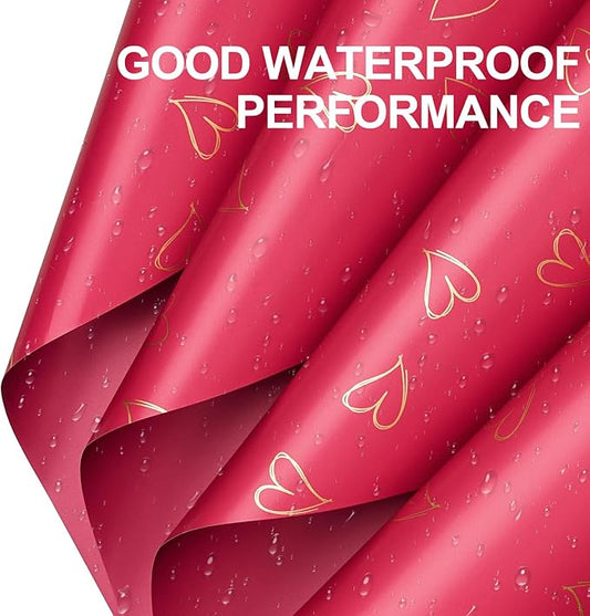 LeZakaa 20 Sheets Valentine Flower Wrapping Paper, Red with Gold Heart Pattern Waterproof Floral Bouquet Paper, for Christmas, Valentines, Mothers Day, Party, Romantic Birthday, Wedding, Anniversary