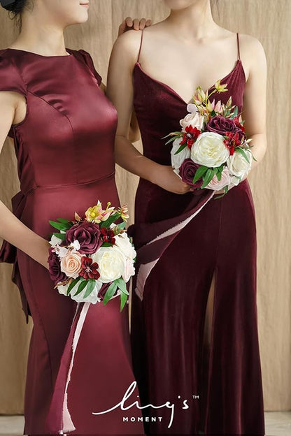 Ling's moment Artificial Flowers Marsala Red & Pink Bridesmaid Bouquet Set of 4, Wedding Flowers Bouquets for Bridesmaids, 7 Inch Bridal Bouquets for Bridesmaids, Wedding Decor, Ceremony, etc