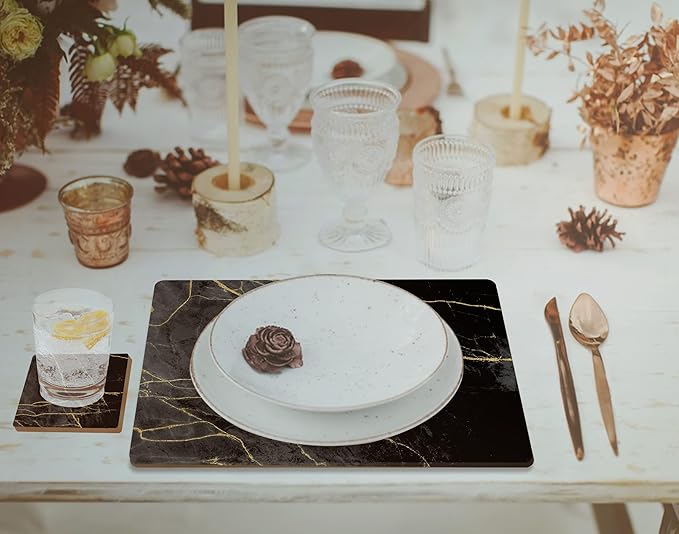 Set of 4 Heat Resistant Cork Placemats for Dining Table with Free Set of 4 Matching Drink Coasters Marble Design 16 x 12 Inches Cork Backed Hard Placemats (Black & Gold)