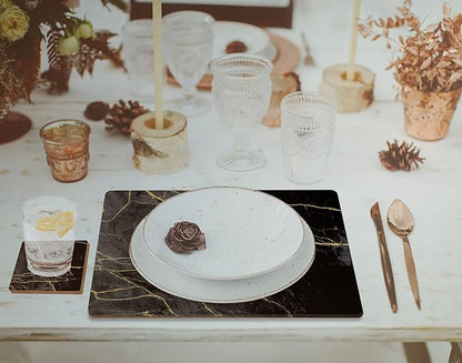 Set of 4 Heat Resistant Cork Placemats for Dining Table with Free Set of 4 Matching Drink Coasters Marble Design 16 x 12 Inches Cork Backed Hard Placemats (Black & Gold)