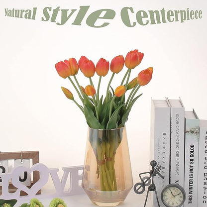 20pcs Artificial Tulip Flowers,16 Inch Real Touch Tulip Stems with Faux Leaves, Faux Tulips and Buds for Home Décor Centerpiece Ornament Wedding Bouquet,Orange
