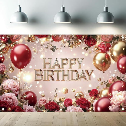 Red and Gold Happy Birthday Backdrop Banner Elegant Roses Balloons Photography Background Birthday Party Decorations Photo Booth Props Supplies 71x43 Inch