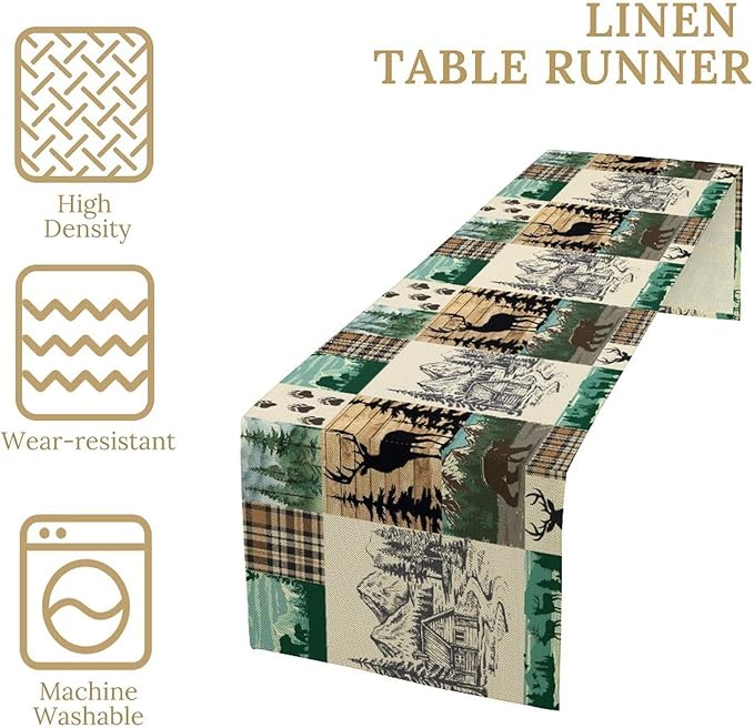 Rustic Cabin Table Runner, Farmhouse Deer Bear Retro Pine Forest Wooden Plank Wild Animal Seasonal Coffee Table Center Decor for Home Kitchen Dining Patio Holiday Party Table Decorations 13x36 inches