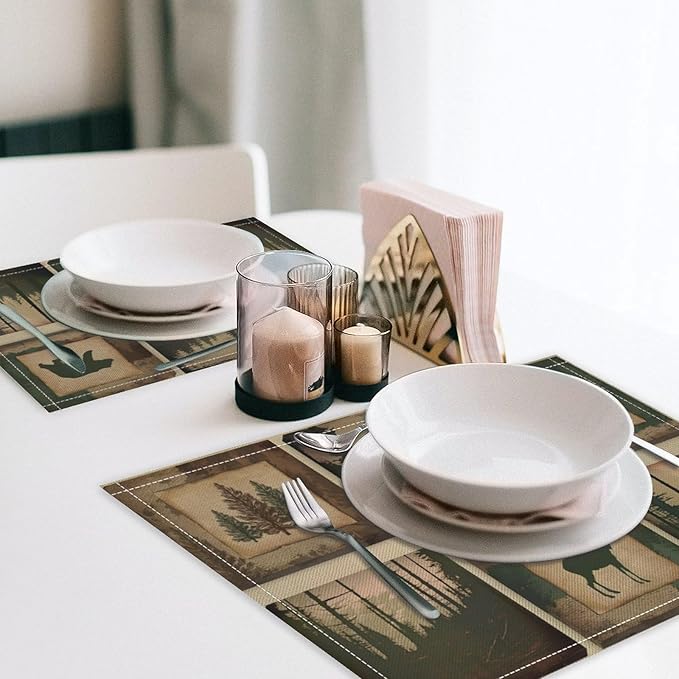 Rustic Lodge Bear Deer Placemats Set of 4, Vintage Cabin Pine Cone Plaid Place Mats, Heat Resistant Non Slip Cotton Linen Dining Table Mats for Home Kitchen Decor 18x12 Inch