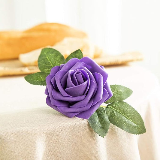 Purple Artificial Flower Purple Silk Rose 25pcs Real Looking Fake Rose with Stems Leaves for Home Decoration Party Garden Centerpieces DIY Wedding Bouquets（Deep Purple）
