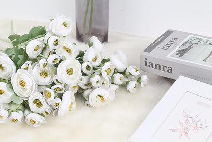 Ranunculus Artificial Flowers 5PCS Faux Peonies White Silk Ranunculus Flowers with Stems 21.65" Real Look Fake Flowers Bulk for DIY Wedding Bridal Shower Table Centerpieces Home Decor(White)