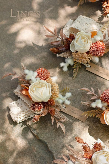 Ling's moment 6pcs Wedding Wrist Corsage Artificial Flowers, Girl/Mother Homecoming Prom Corsages Wristlet Décor, etc. Boho Dried Rustic