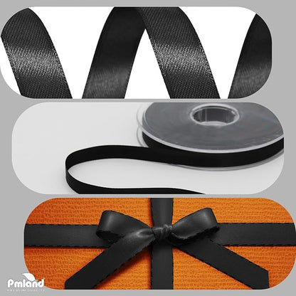 PMLAND Black Fabric Satin Ribbon 3/8'' Inch x 27 Yards Double Faced Use for Crafts Gift Wrapping Floral Bouquets Ornaments Hair Bows Party Decoration
