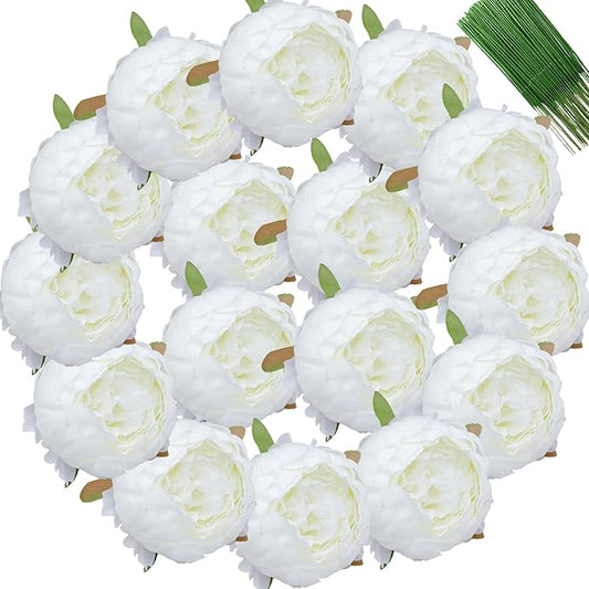 FagusHome 25 Pcs Silk Peony Artificial Flower Heads 4 inch Fake Peony Flowers Heads with Stems Artificial Peony Flower Heads in Bulk Wholesale for Wedding Home Decor (Off White)