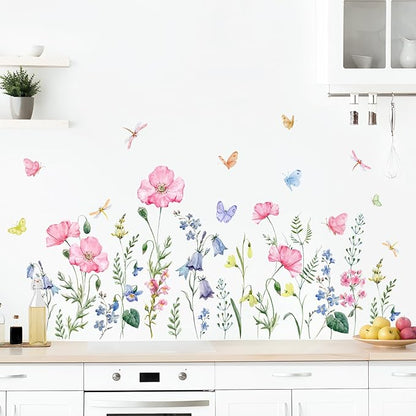 Supzone Watercolor Wildflower Wall Decals Colorful Garden Flower Grass Butterflies Wall Stickers for Girls Bedroom Living Room Home Office Wall Decor