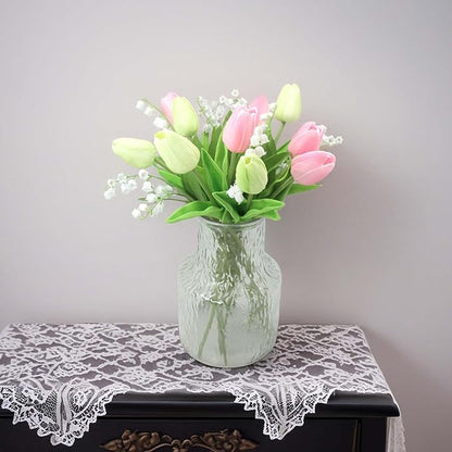 Artificial Flowers 10 Heads Mini Real Touch Artificial Tulip for Home Wedding Party Centerpiece Decoration (Green&Pink)
