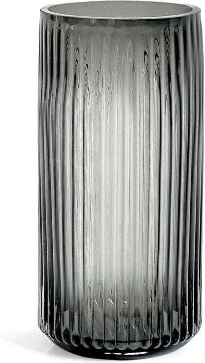 Muyan 9.8" Flower Vase for Decor Ribbed Glass Vase Modern for Centerpieces Desktop Home Office Dining Living Room Wedding (Gray)