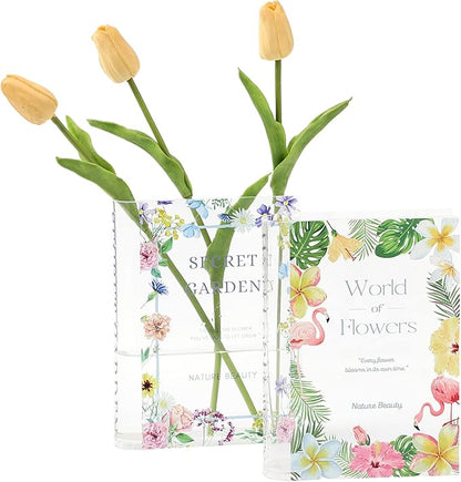 Book Vase, Acrylic Book Vase for Flowers, Book Flower Vase Clear, Small Book Shaped Vase, Clear Book Vases, Modern Decorative Vases for Home, Bedroom, Living Room, Office, Set of 2