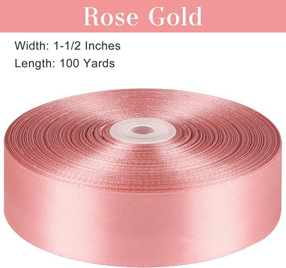 1-1/2 Inches 100 Yards Rose Gold Satin Ribbon, Ribbon Roll for Flower Bouquets, Gift Wrapping, Wedding, Handmade Crafts
