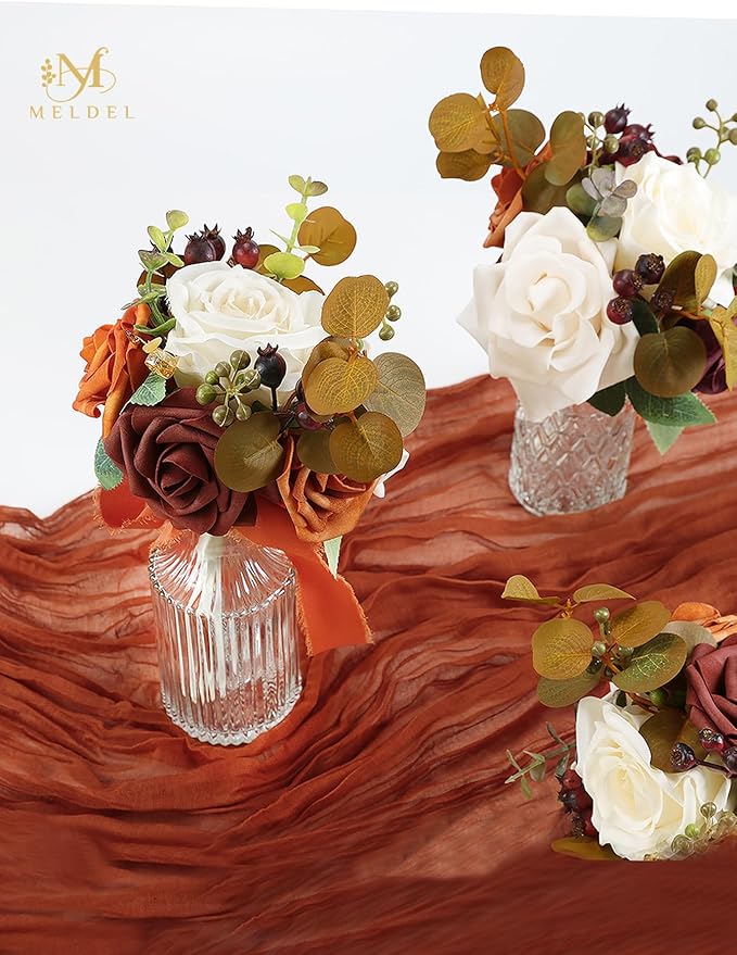 Meldel Burnt Orange Wedding Bouquet Centerpieces Flowers Mini Bridesmaid Bouquets Set of 6 Terracotta Table Decor Pre-Made Small Floral Fall Wedding Decorations