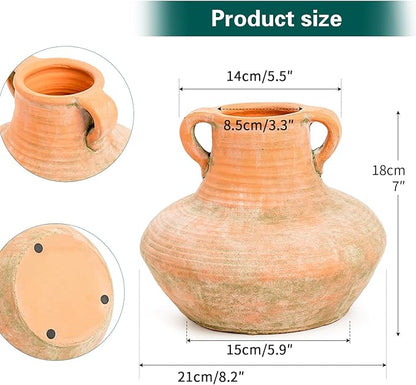 Sungmor Rustic Ceramic Flower Vase with Handles, Decorative Pottery Vase 7 Inch Terracotta Plant Pots, Cement Textured Vases Home Decor, Indoor Fresh Flowers Planter, Dried Flower Arrangements