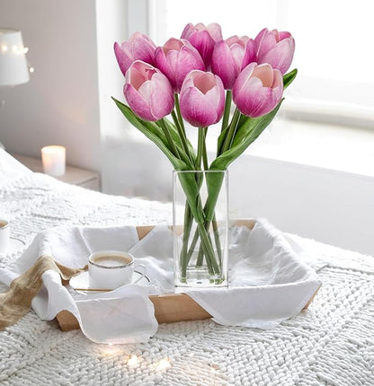Briful Fake Flowers Artificial Tulip Flower in Clear Vase, Purple Real Touch Foam Tulip Arrangement Suitable for Home Office Decoration, Dining Table Centerpiece