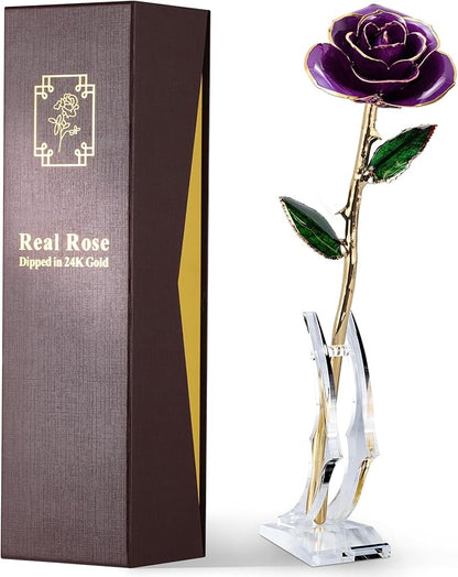 24K Gold Dipped Real Rose – Handcrafted, One of a Kind Gift – Timeless Romantic Present for Birthday, Valentine’s, Mother’s Day, Anniversary (Purple)