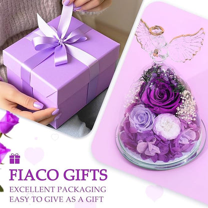 FIACO Gifts for Women Mom Christmas Preserved Rose Fresh Flowers for Delivery Birthday Gifts for Grandma Mother Wife Friends Forever Flower Eternal Purple Roses in Glass Angel Figurines