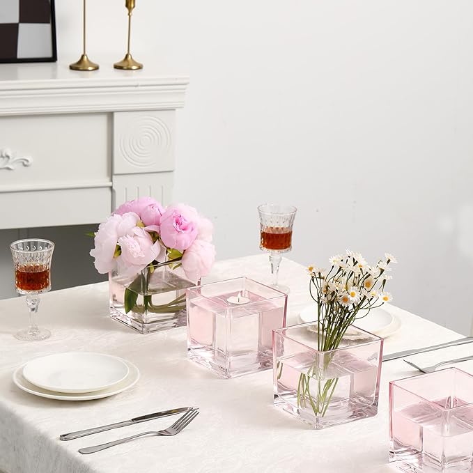 Square Glass Vases Set of 9, 4"x 4"x 4" Flower Vases for Centerpieces, Pink Glass Vase for Flowers, Small Vase for Wedding, Party, Home Office Decoration