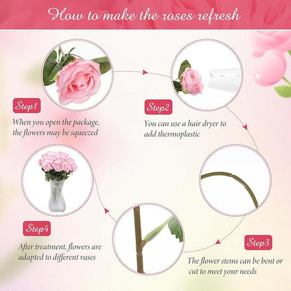 Lyrow 200 Pcs Artificial Roses Realistic Flowers Bulk Real Looking Fake Silk Rose Bouquets with Long Stem Flowers for Wedding Table Centerpieces Bridal Shower Party Home Garden Decor (Pink)