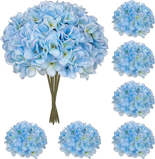 Hollyone 6 Pcs Blue Hydrangea Artificial Flowers Heads with Stems Silk Faux Hydrangea Blue Fake Flowers for Home Indoor Outdoor DIY Floral Wedding Flower Bouquets Kitchen Table Centerpiece Decor